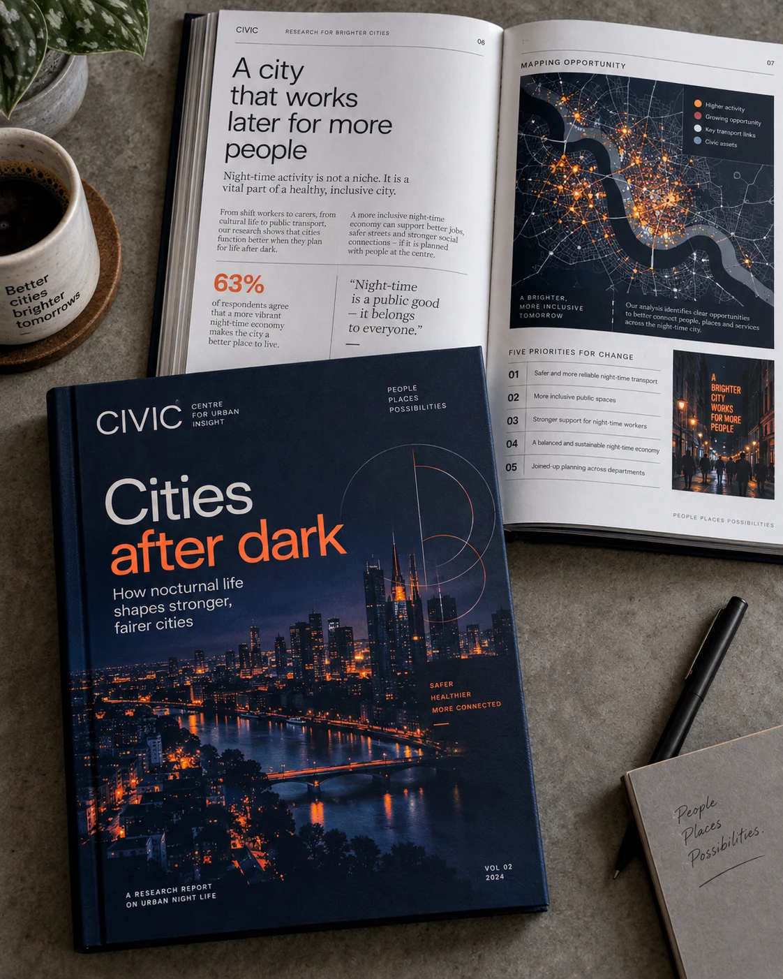 Illustrative research reports concept shown as finished design work